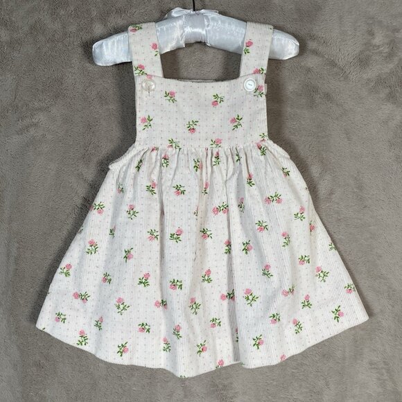 Vintage Tiny Tots Baby Girl Dress 6-12M White Corduroy Dainty Pink Flowers Lace - Picture 4 of 9
